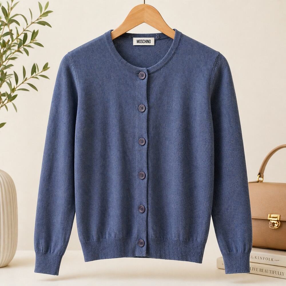 Moschino Blue Button Front Cardigan Silk Linen Blend Lightweight Knit Size 8